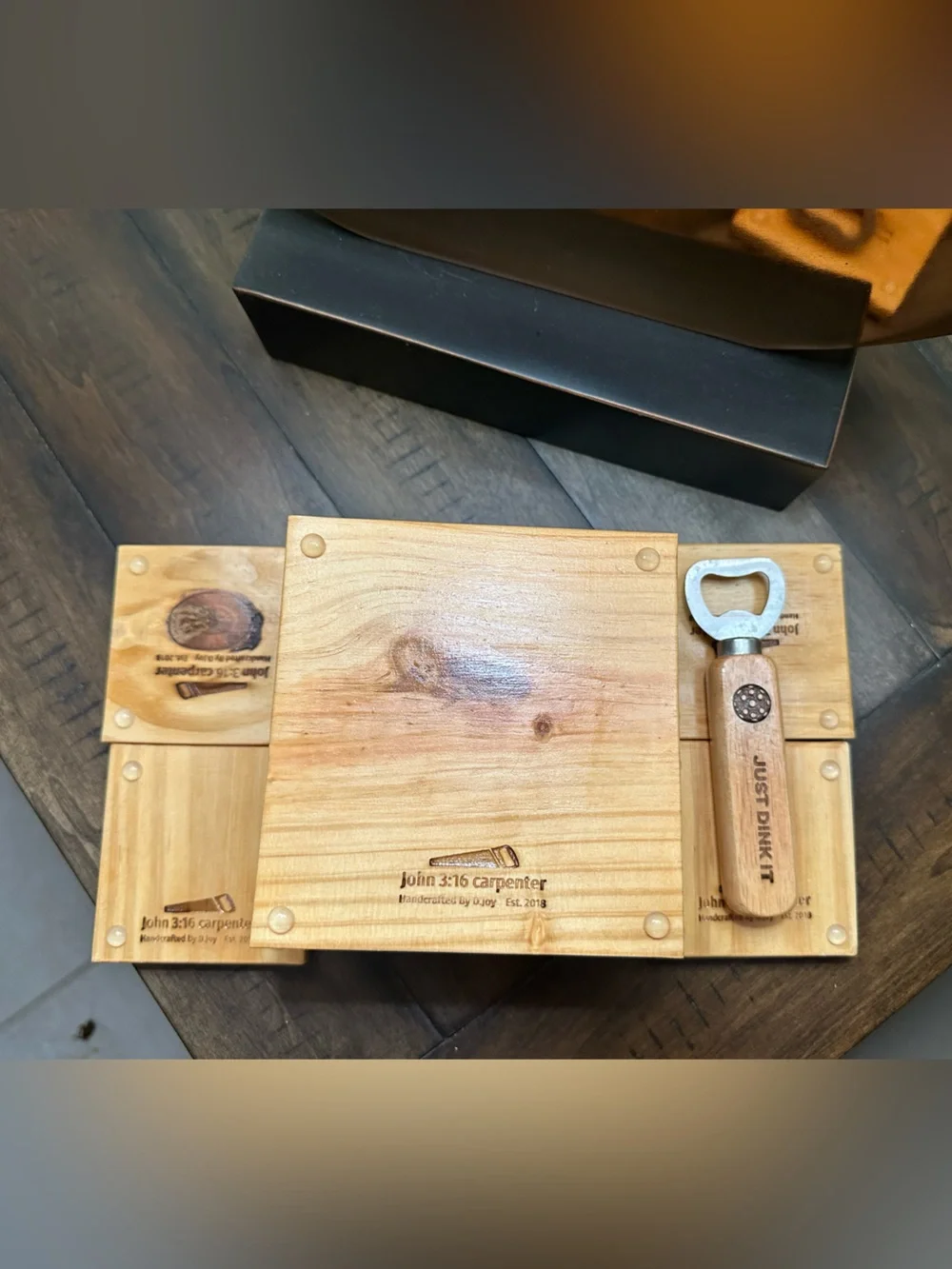 Handcrafted Wooden Pickleball Coaster Set with Holder & Bottle Opener - New